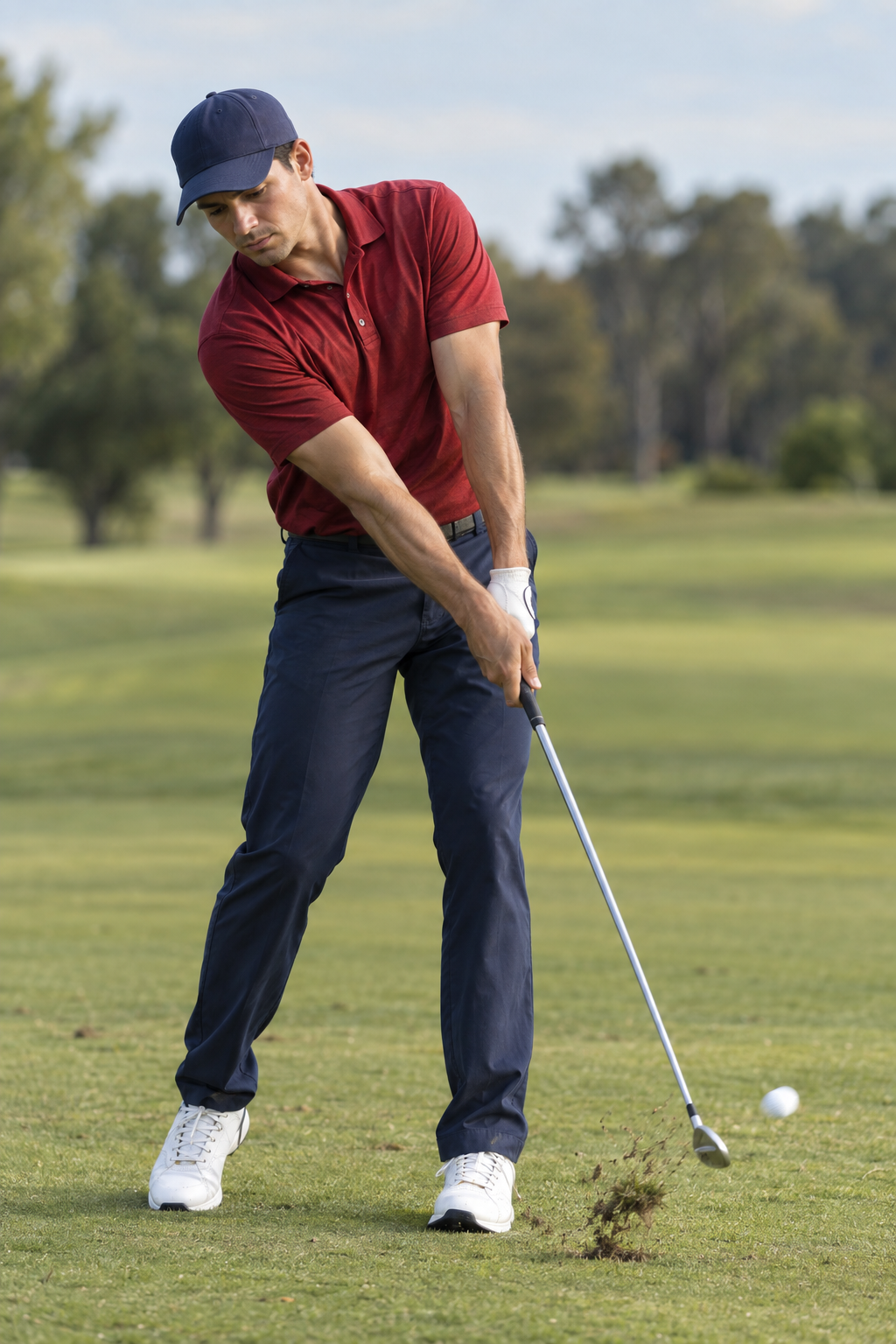 Illustrative golfer in a red shirt taking a swing